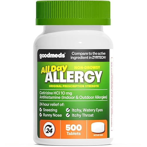 GoodMeds 24-Hour Allergy Medicine 500-Count Non-Drowsy Antihistamine for Pollen, Hay Fever, Dry, Itchy Eyes, Allergies   Cetirizine HCl 10mg Tablets, Compare to Leading Brand