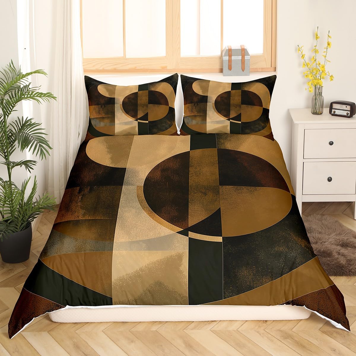 Geometry Decorative Queen Duvet Cover for Kids Boys,Abstract Line Circle Art Print Bedding Set with 2 Pillowcases Comforter Cover,Oil Painting Style Bed Spread Quilt Cover 3pcs,Modern