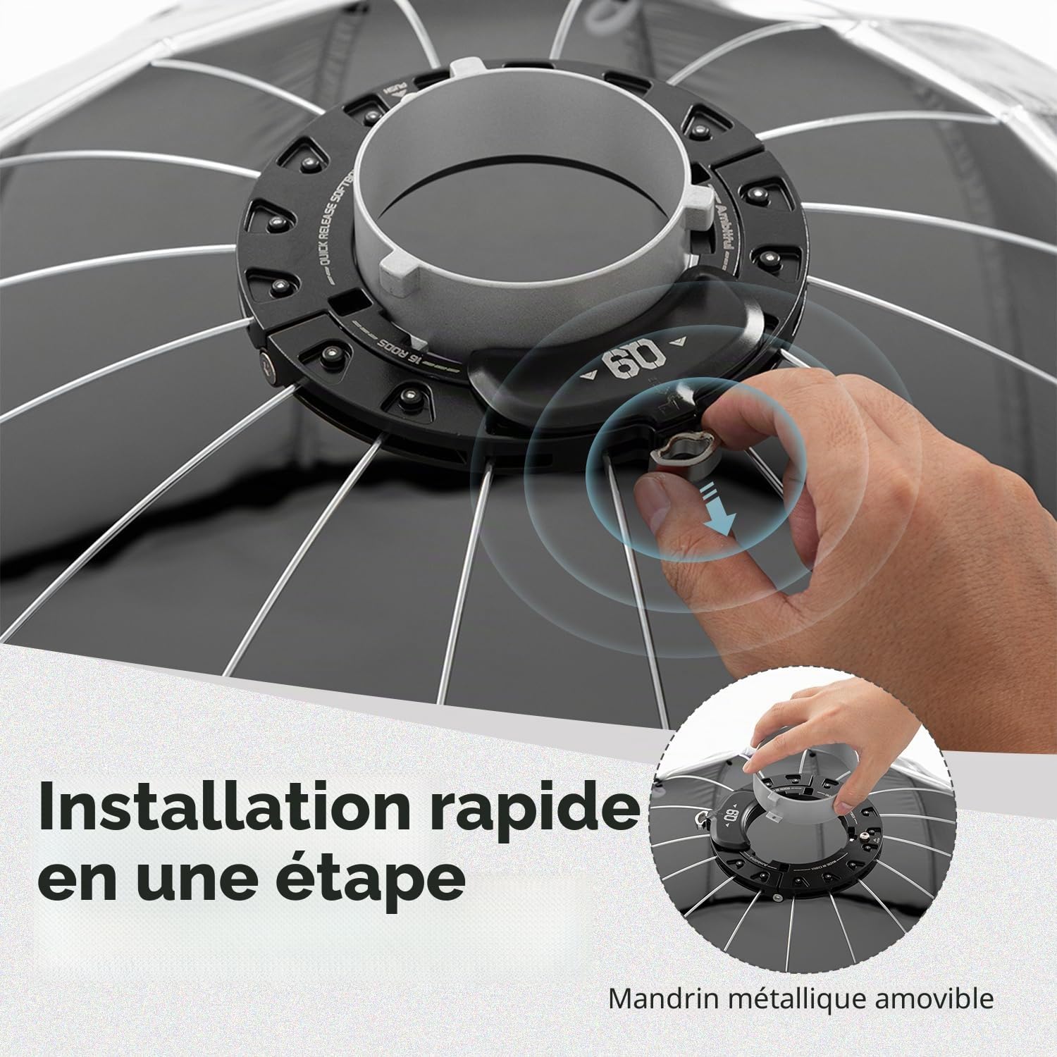 Ambitful Boîte à lumière parabolique à libération rapide de 60 cm/23,6 pouces, boîtier à grille alvéolaire hexadécagone avec monture Bowens, 2 diffuseurs et grille en nid d'abeille, sac de transport