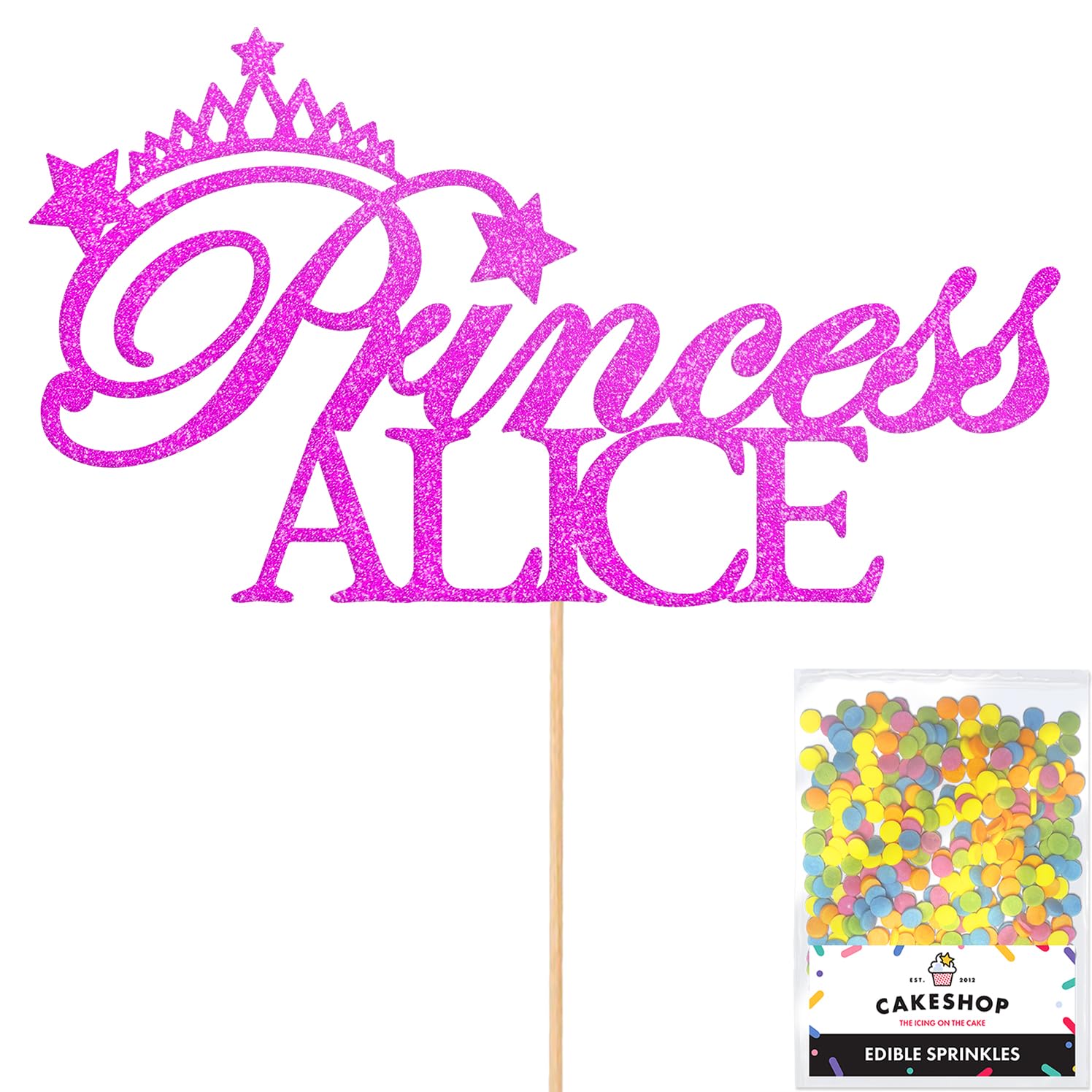 Personalised Birthday Princess Glitter Cake Topper- Pink Any Custom Name Glitter Cake Decoration and Sprinkles - Happy Birthday Decorations - Personalised Toppers for Cakes by Cakeshop — image 1