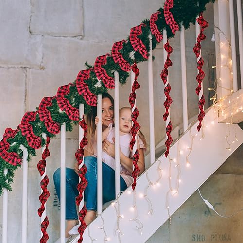 Miniatura 7 de Jishi Guirnalda de cinta de árbol de Navidad, arpillera a cuadros, decoraciones de Navidad, 9 pies x 6 rollos de cinta de arpillera a cuadros de