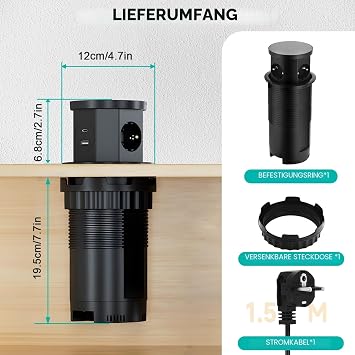 Retractable Socket 3 Compartments with 1 USB C 1 USB-A Worktop Kitchen Retractable Table Socket with Wireless Charger 1.5 m Cable for Office Kitchen Table Power Strip Built-in Socket (Black)