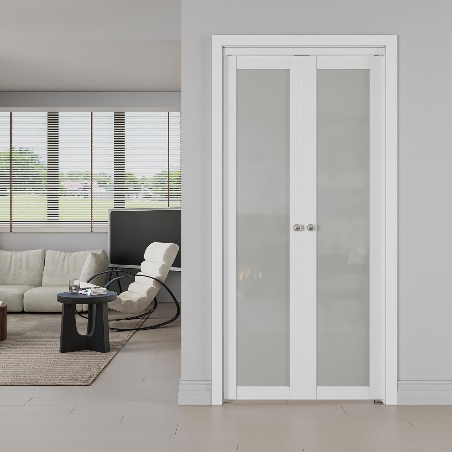 36"x80" French Pivot Door, Double Frosted Glass Panels & Hardware Kit, Interior Pantry/Laundry/Closet Door, Solid MDF Wood with Water-Proof PVC Surface French Doors, Easy Install, White