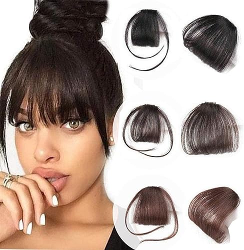 Clip en fleco frontal con fleco "Big Bang" para mujer, disponible en negro, marrón oscuro o marrón claro con o sin patillas (marrón claro (con