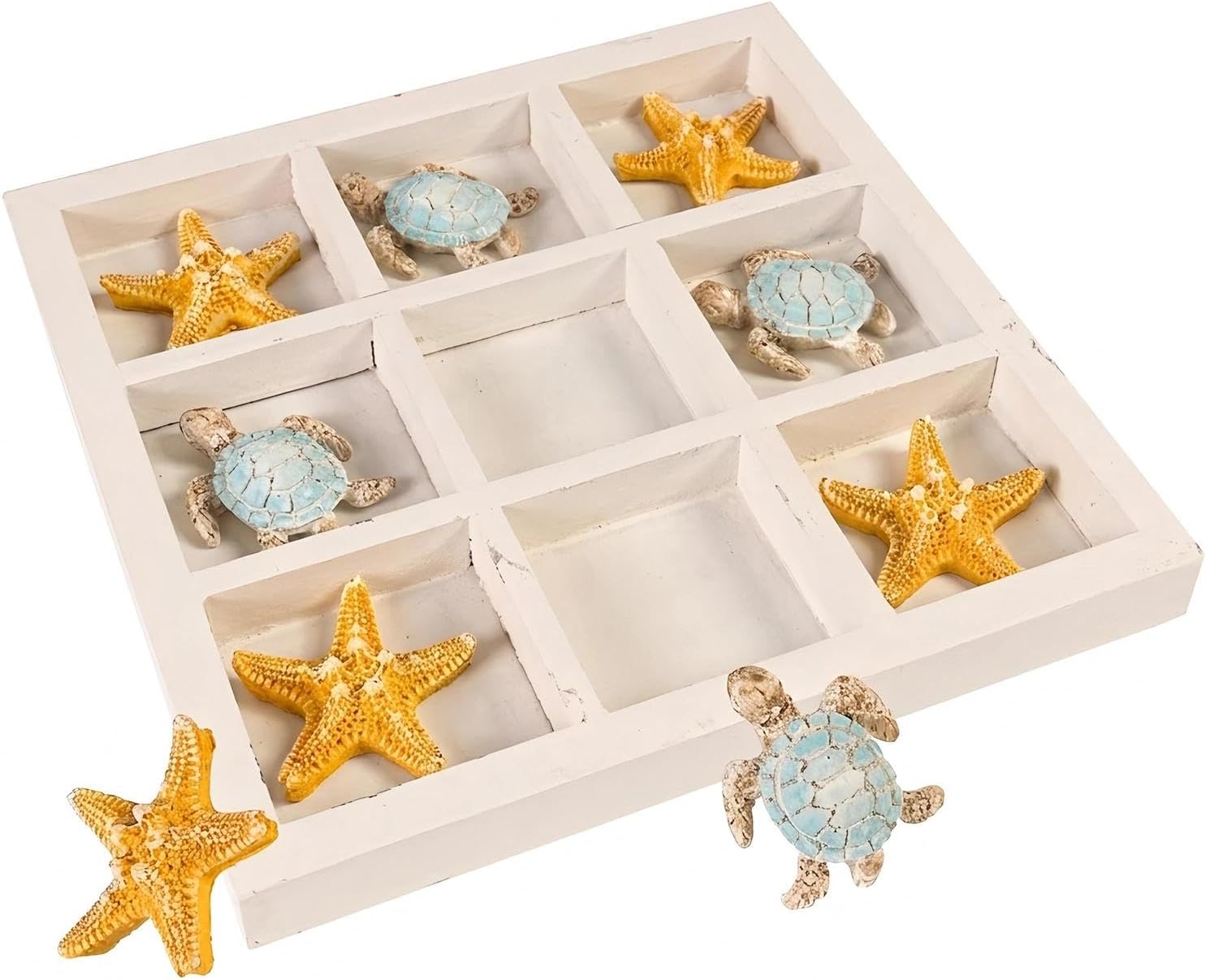 Wooden Tic Tac Toe Game Board with Resin Sea Turtle Starfish Decor | Beach House Decor Coastal Theme Room Coffee Table for Family Travel Beachy Bedroom Tabletop Decorations for Home, Ocean Gifts