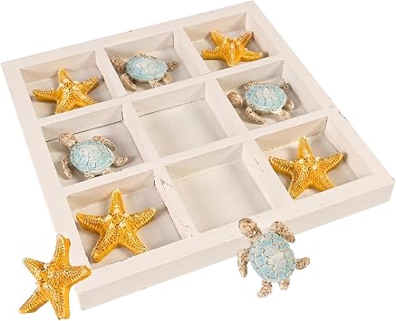 Wooden Tic Tac Toe Game Board with Resin Sea Turtle Starfish Decor