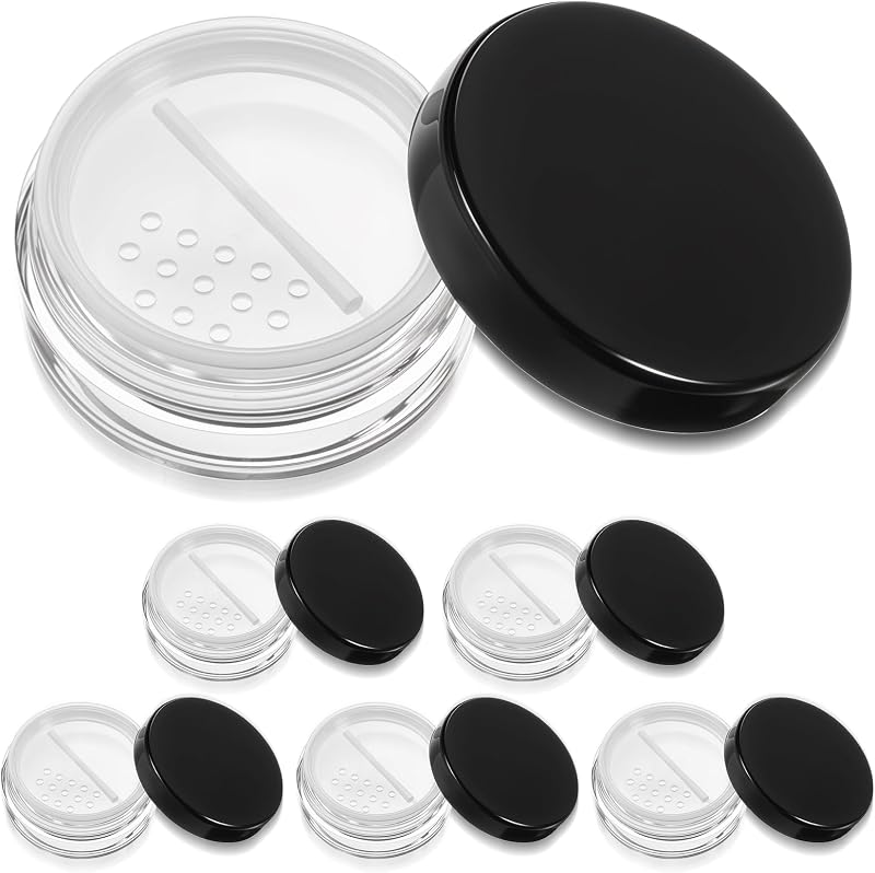 Tucnoeu 6 frascos recarregáveis para pó solto, 10 mL, com peneira giratória e tampa rosqueável preta