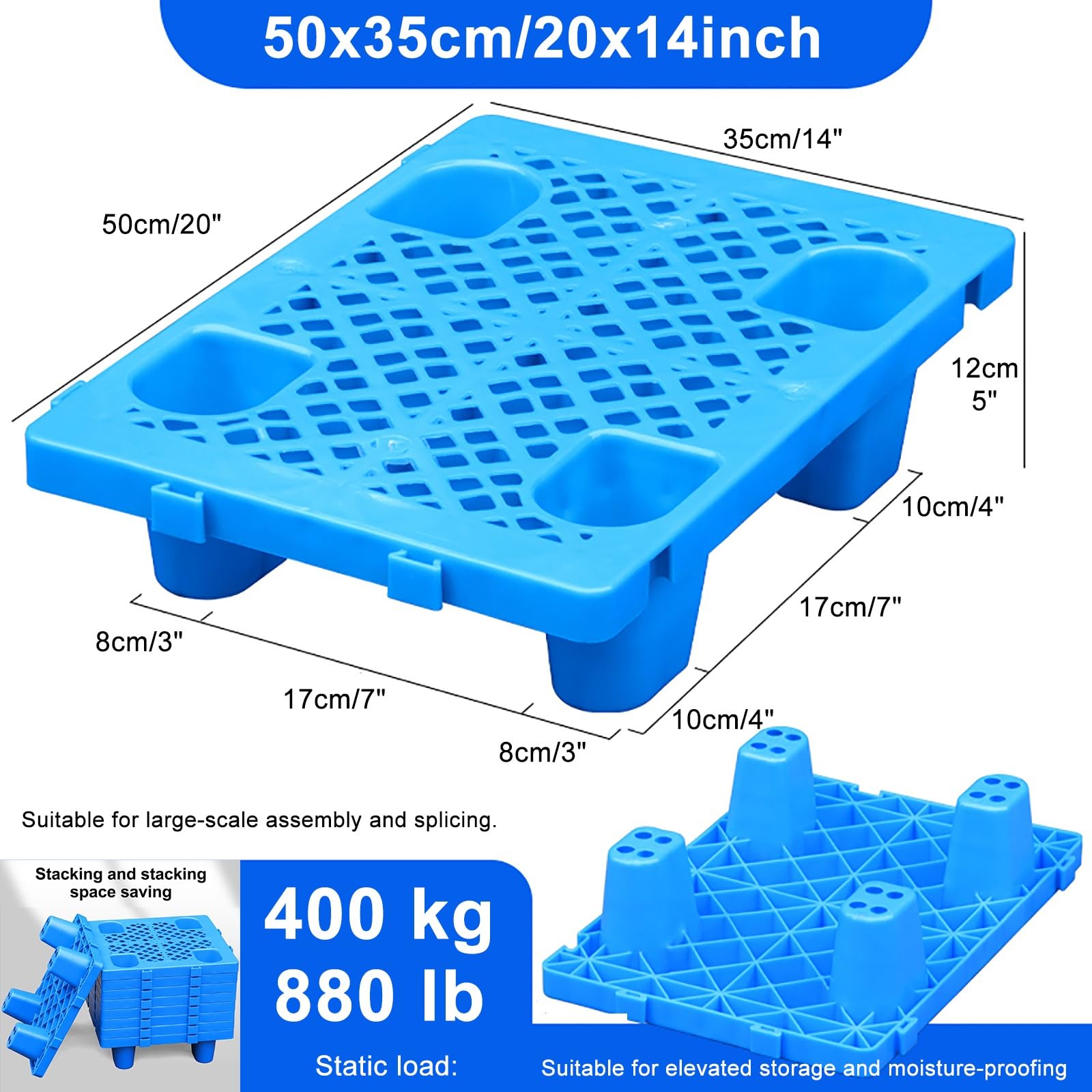 Pallet in Plastica Impilabili, Pallet Leggero con Griglia Traspirante Bancale Plastica per Cucina, Supermercato, Ristorante, Magazzino, Cantina(50x35cm/20x14inch)
