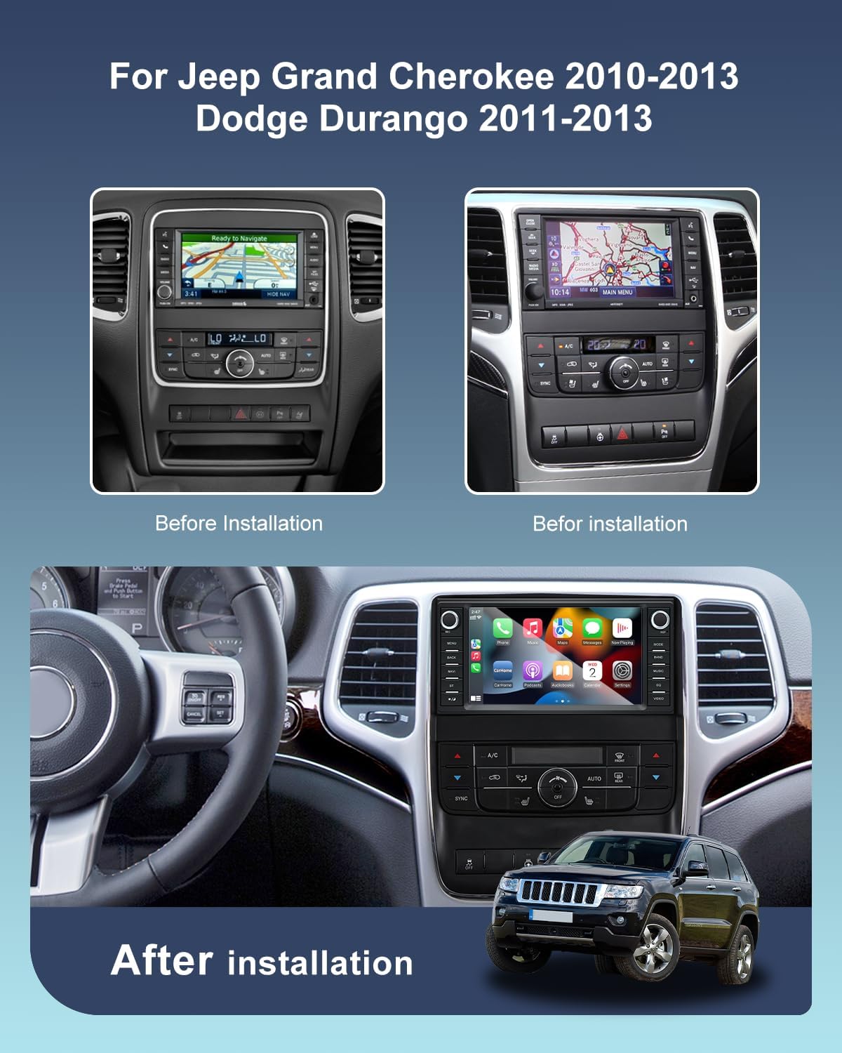 Car Radio for Jeep Grand Cherokee 2010-2013, Dodge Durango 2011-2013, 7 Inch Touch Screen Headunit Stereo with Wireless Carplay Android Auto Bluetooth GPS WiFi FM SWC Backup Camera