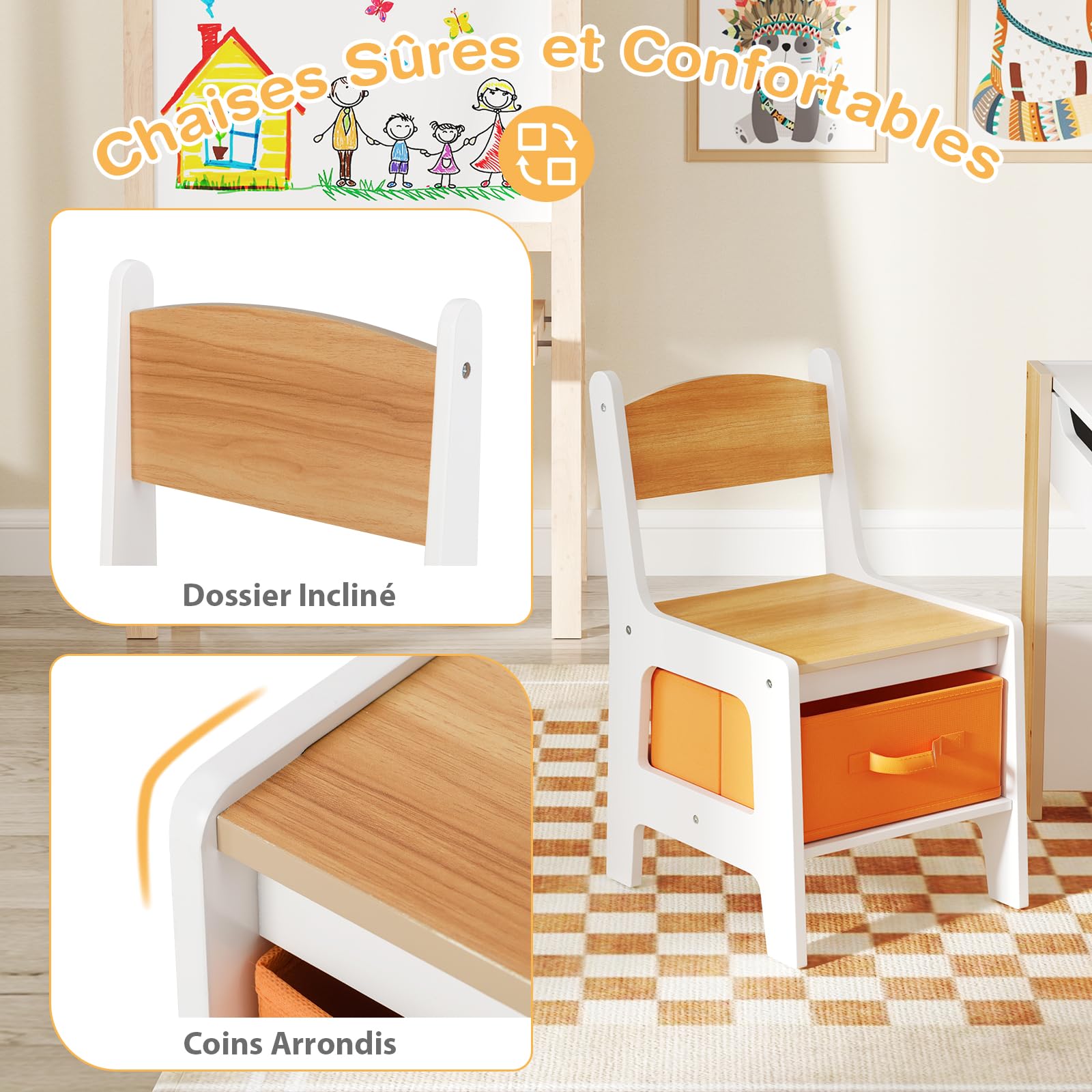 GOPLUS Table Enfant avec 2 Chaises, 4 en 1 Table de Dessin avec Plateau Réversible et Tableau Noir, Bureau Enfant avec Rangement Amovible, Étagères (Naturel)