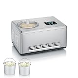 SEVERIN 2-in-1 Eismaschine mit Joghurtfunktion, Kompressor Ice Cream Maker für Eis, Sorbet und Frozen Joghurt, Speiseeismaschine inkl. zwei Eisbehälter, Edelstahl-gebürstet, EZ 7406 2 Eisbehälter