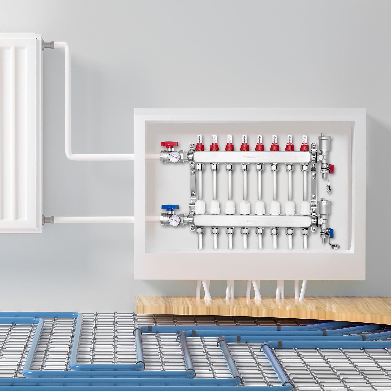 VEVOR Colector de Calor Radiante de 8 Derivaciones, Colector de Tubería PEX de Acero Inoxidable SUS304 para Calefacción por Suelo Radiante Hidrónico, con Adaptadores, 590 x 370 x 110 mm, 0-5 L/min