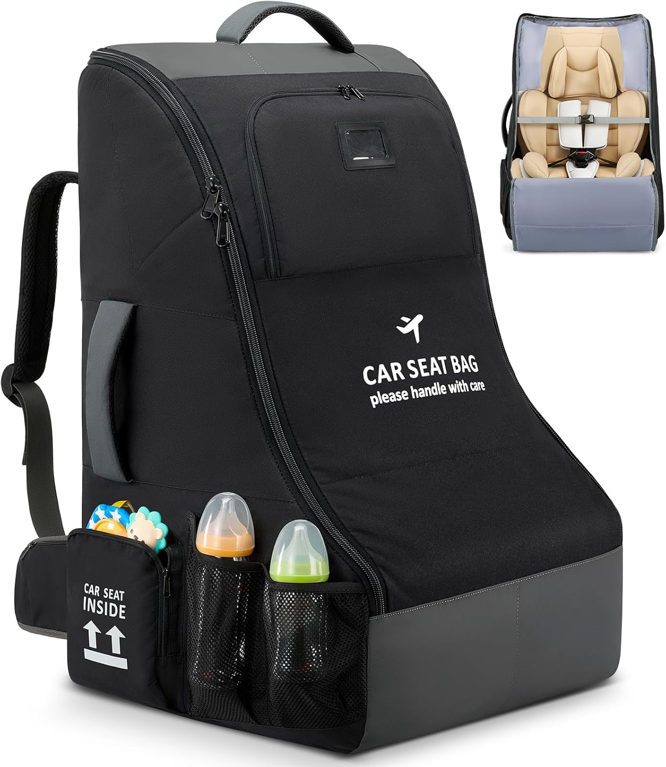 RAINSMORE Car Seat Travel Bag for Airplane Padded Car Seat Backpack Heavy-duty Car Seat Cover for Air Travel Gate Check Carseat Carrier Bags for Airport Fits Infant Carriers & Boosters