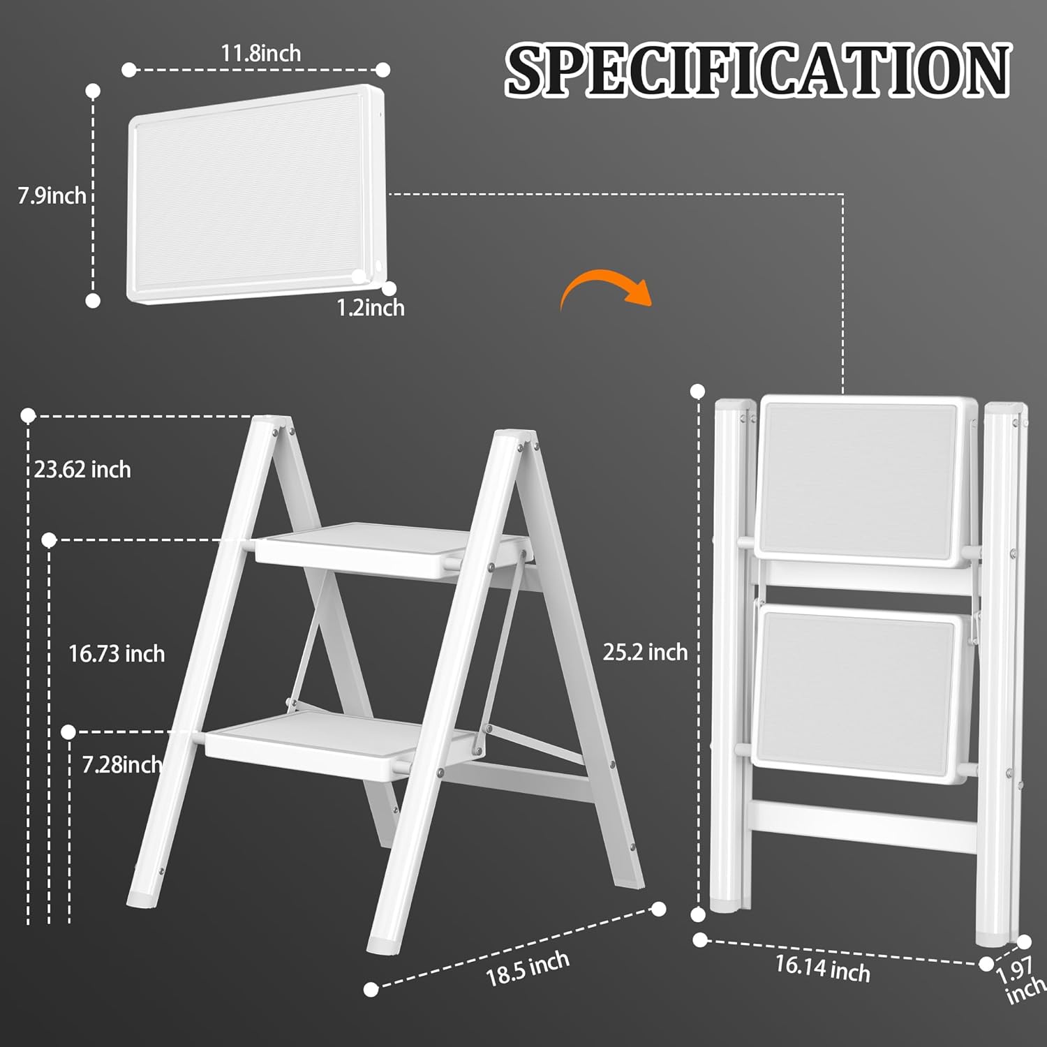 diamondforge 2 step ladder, folding step stool with anti-slip wide pedal, anti-slip feet, sturdiest steel construction, 600lbs capacity steel ladder for home and office, white
