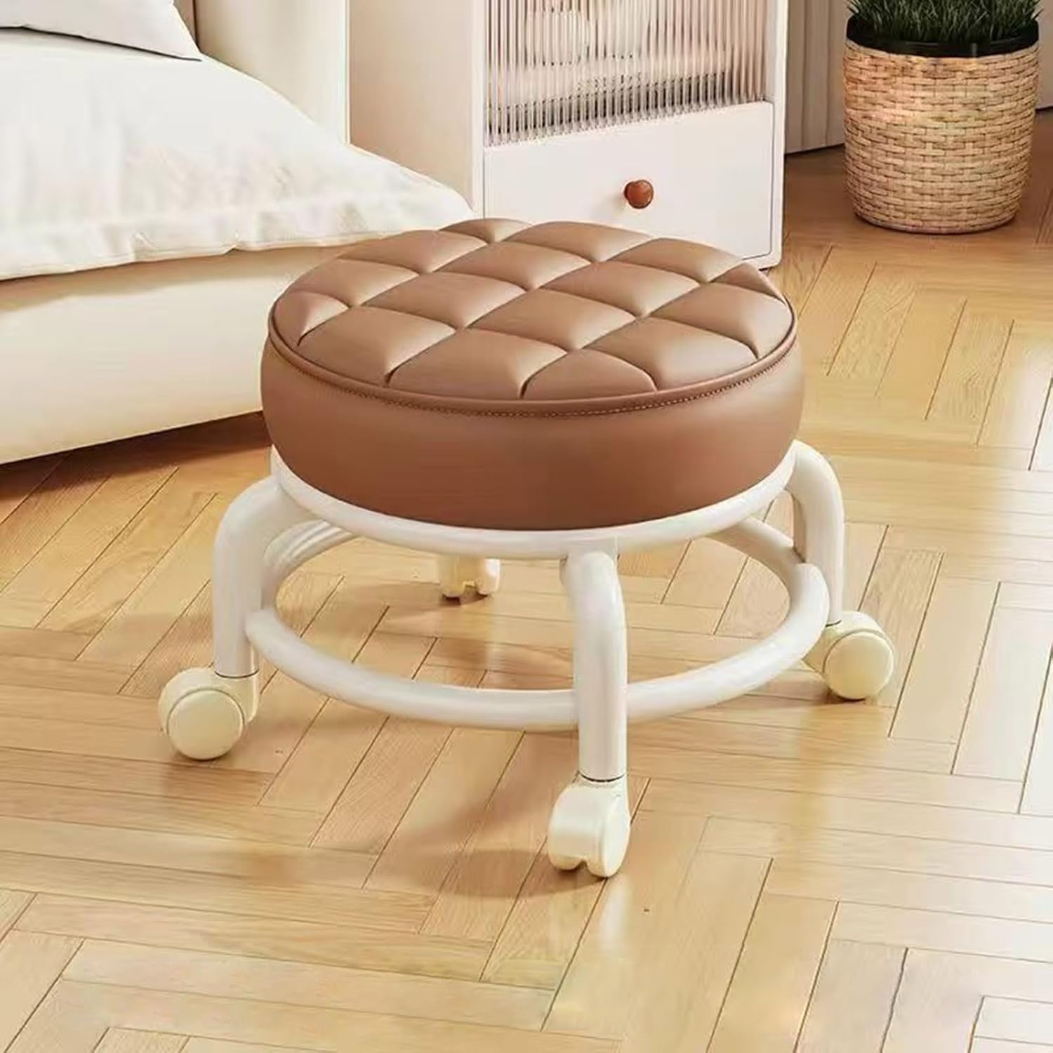 Round Rolling Stool, PU Leather Low Roller Seat with 360° Universal Wheel and Cushion Seating, Small Foot Stool for Home Office Garage Shop, E