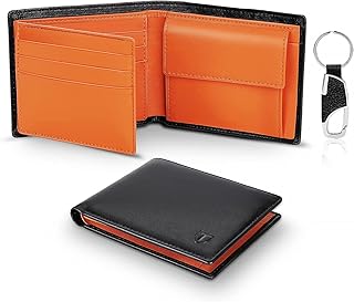 Wallets Mens Slim RFID Blocking Genuine Leather with Coin Pocket & Key Holder, 2 Banknote Compartments, 10 Credit Card Holders (ID Window), Wallet for Men with Gift Box-Black and Orange