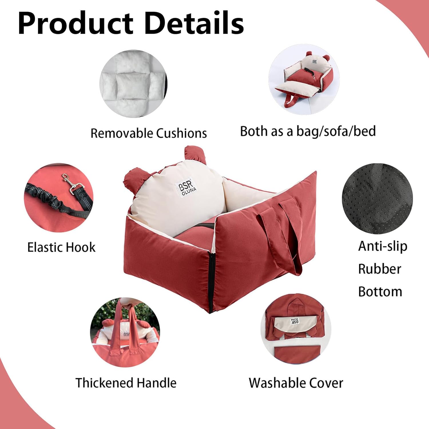 Dog Car Seat, Car Seat for Small Dogs with Harness, Machine Washable Front Back Seat Dog Car Seat, Portable Pet Travel Car Seat for Puppy Cat (Red)