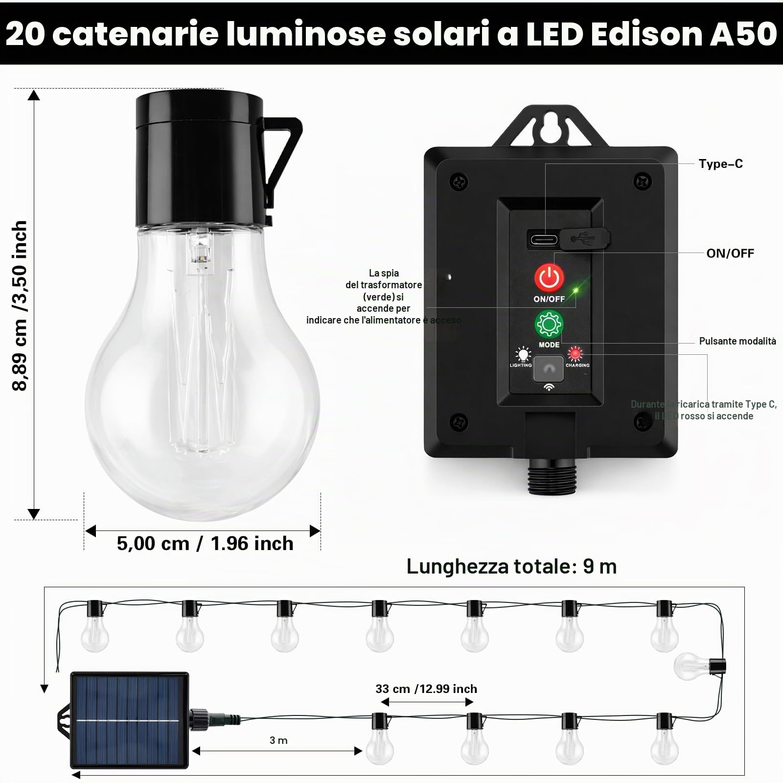 Ghirlanda luci da esterno solare, 9 metri, 20 LED, lampadine in plastica infrangibile, IP65, impermeabile, 8 modalità luce calda per giardino, terrazza, balcone, pergola, feste