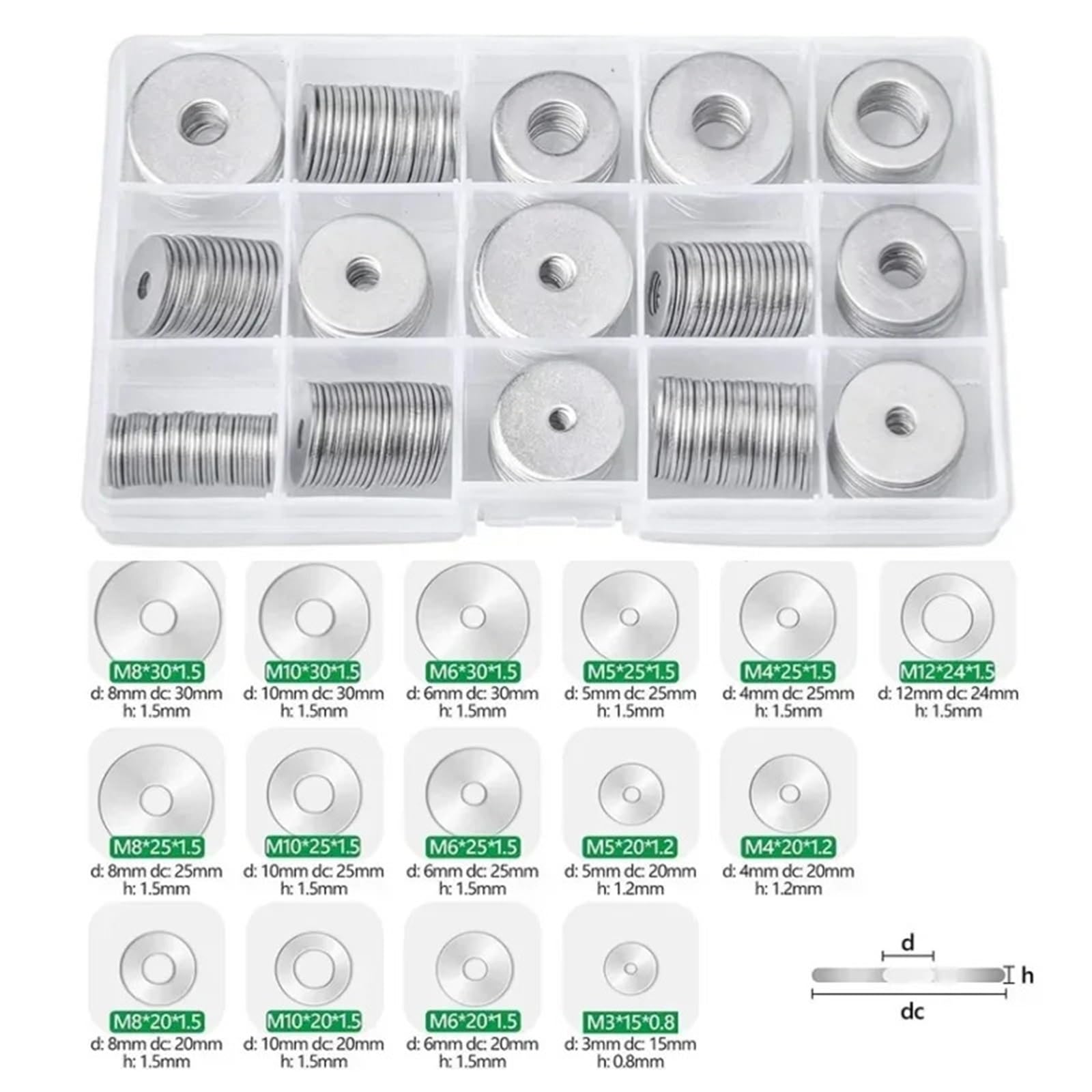 Arandelas Metalicas 230 Uds 304 Kit surtido de arandelas de guardabarros grandes de acero inoxidable 15 tamaños M3 M4 M5 M6 M8 M10 M12 arandela plana agrandada