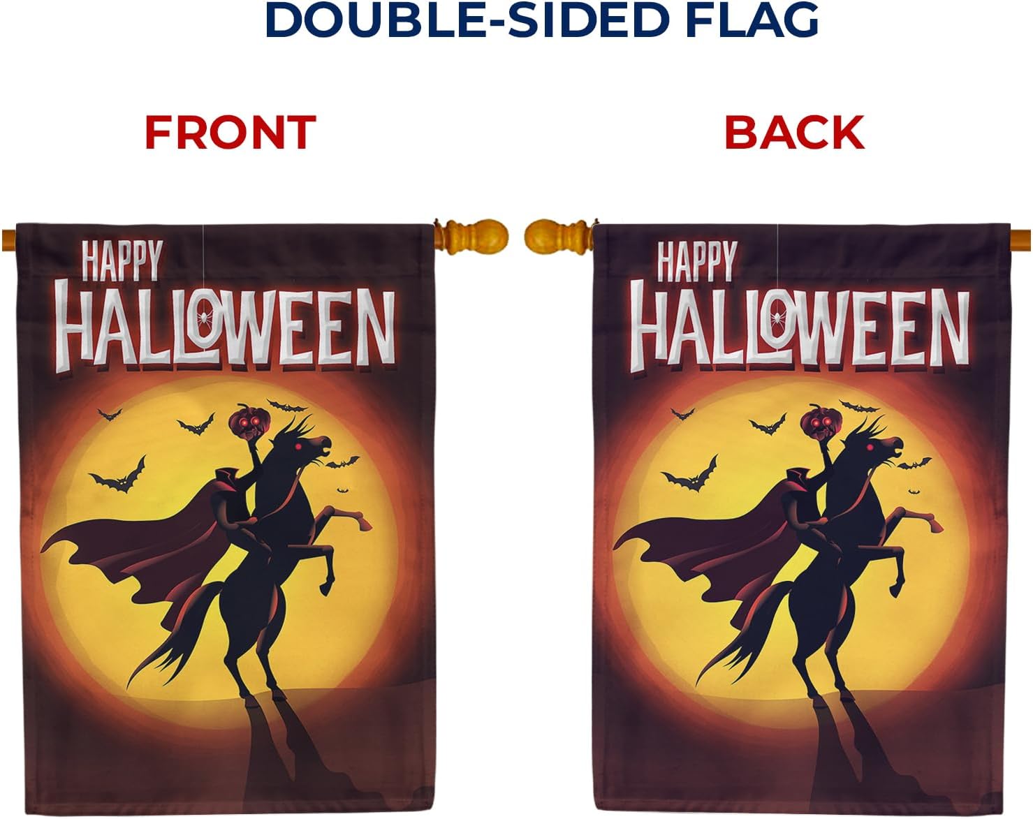 America Forever Headless Horseman Halloween House Flag Double Sided 28 x 40 inches Happy Jack O'lantern, Bats, Pumpkin Head Garden Decoration for Outdoors, Yard, Porch Fall Season