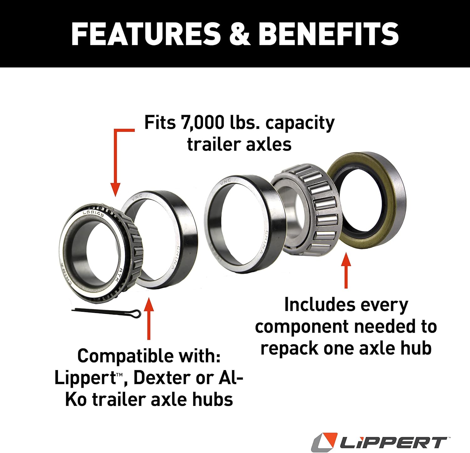 Lippert Trailer Bearing Replacement Kit for Repacking Axle Hubs, Fits 7,000-lb. Capacity RV Trailer Axles in a Variety of Brands - 333951