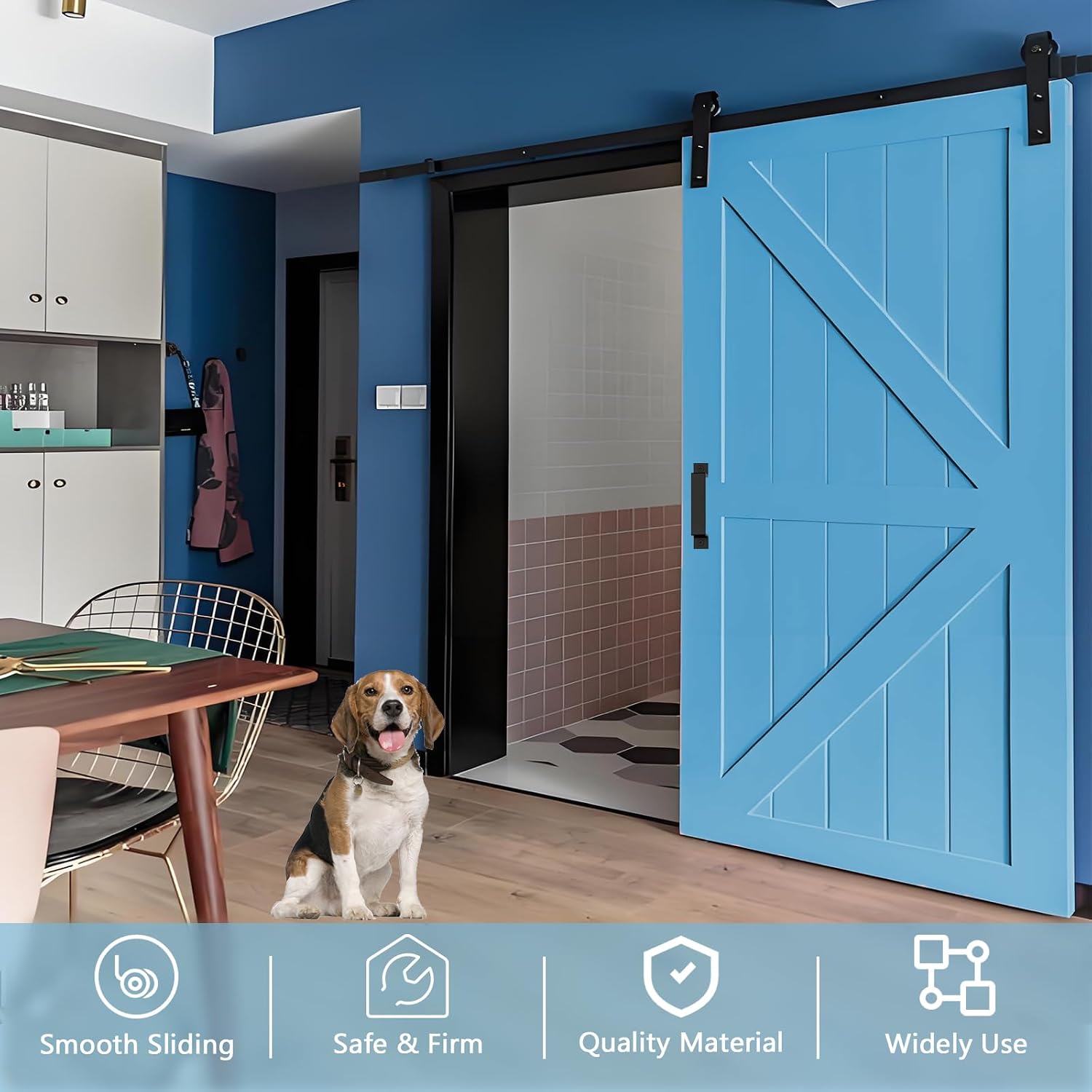 Sliding Barn Door Hardware Kit 5 FT Heavy Duty Slide Barn Door Track Rail with 2 Handles and Adjustable Floor Guide Also Hook, Smooth Quiet Fit 1 3/8-1 3/4" Thickness Panel(J Shape Hangers)
