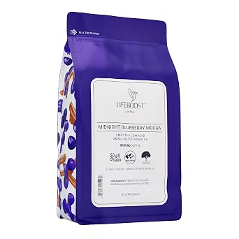 Lifeboost Midnight Blueberry Mocha Ground Coffee - Low Acid Single Origin Coffee - Non-GMO Wild Blueberry Coffee Grounds Third Party Tested For Mycotoxins & Pesticides - 12 Ounces