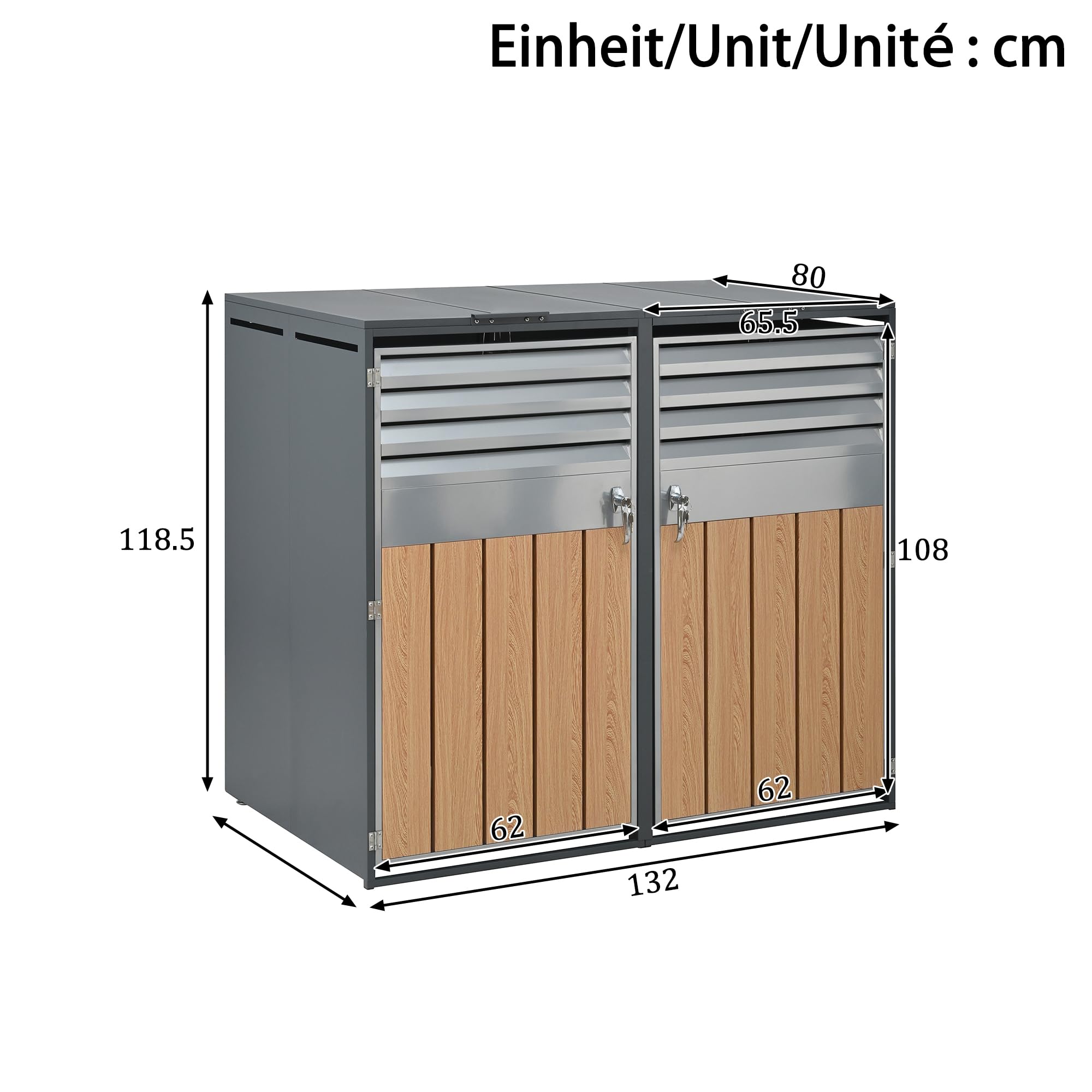Merax Cache-poubelles 2 avec couvercle à charnière, armoire verrouillable en acier galvanisé, revêtement de poubelles avec ouverture d'aération et lamelles, deux portes