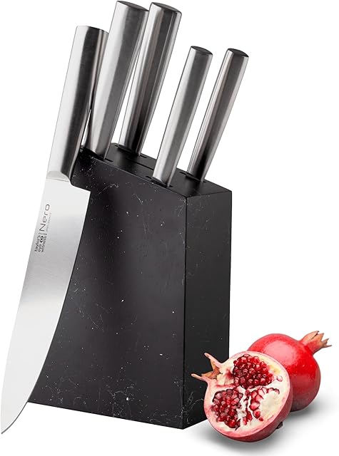 Kitchen Knife Set with Block -. Sloping Granite Effect Kitchen Knife Holder for Professional Storage - High Carbon Steel, Sharp Precision Ground Chefs, Carving, Bread, All-Purpose & Paring Knives