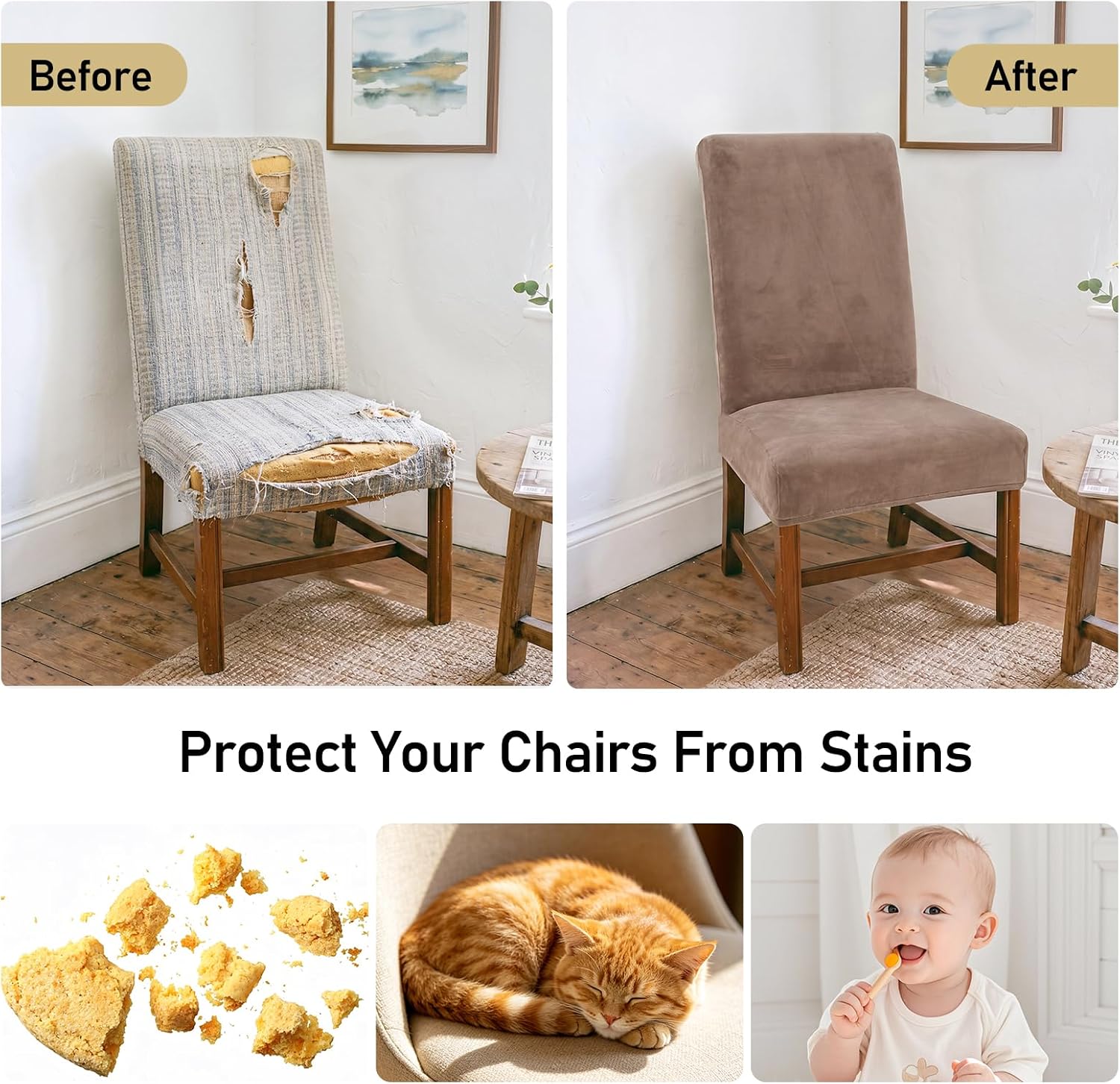 JIUZHEN Dining Chair Covers Velvet Chair Covers for Dining Room Washable Parson Chairs Slipcover Stretch Removable Kitchen Seat Protector for Home, Restaurant, Bangnet, Set of 4, Taupe