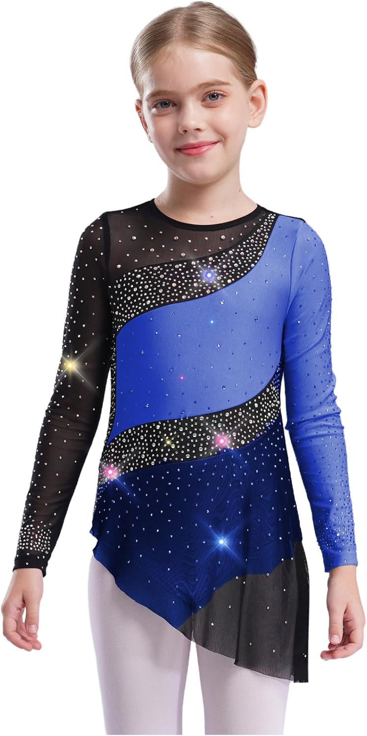 Kids Girls Figure Ice Skating Dress Asymmetrical Skirted Leotard Shiny Long Sleeve Ballet Dance Outfit