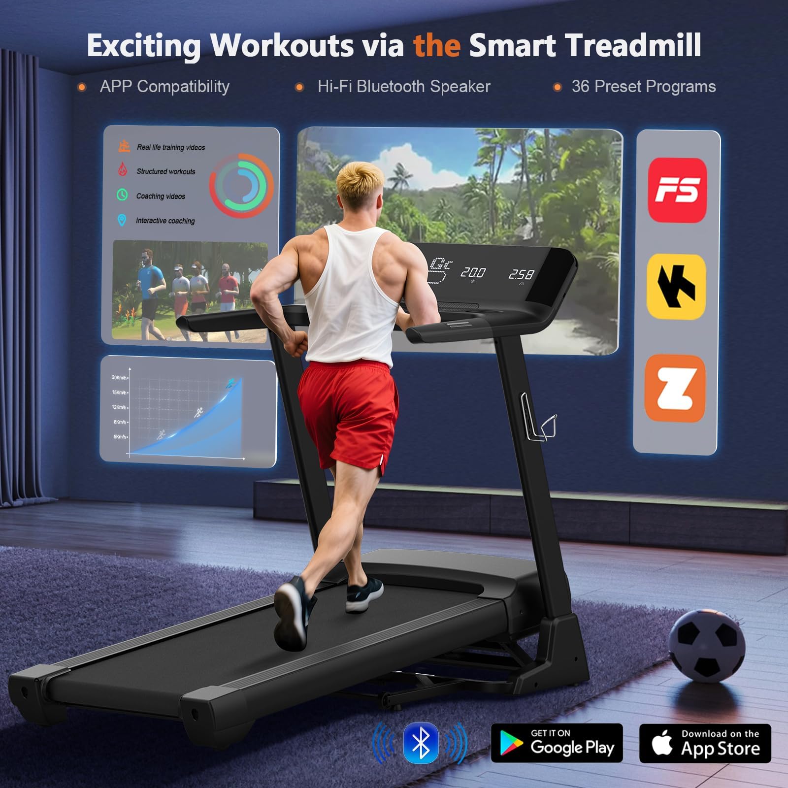 Laufband für Zuhause, 7HP Laufband Klappbar mit 20% Steigung, 1km/h- 20km/h, App Kompatibles, Belastung 200KG, LCD Display, Pulssensor, Große Lauffläche, Shortcut Konsole