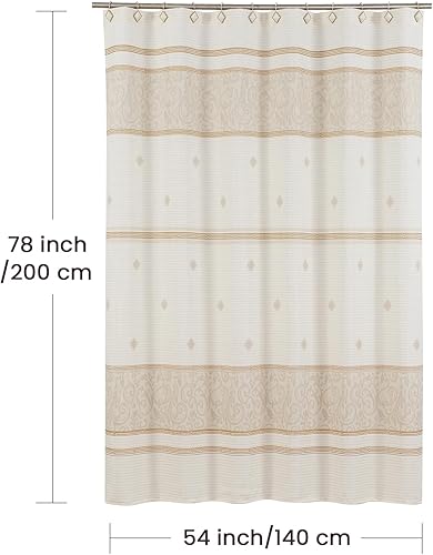 Vista 103 de Cortina de ducha de tela, estampado beige y tostado, cortinas de ducha con patrón de damasco bohemio de cachemira para baño, cortinas de baño Hudson