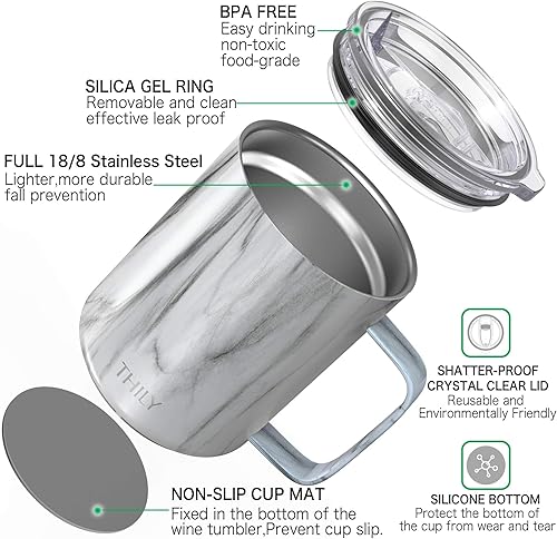 Miniatura 36 de THILY Taza de viaje aislada de acero inoxidable de 12 onzas, taza de café aislada al vacío con asa, tapa a prueba de derrames, mantiene el café frío