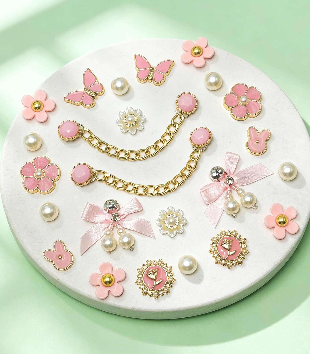 24PCS Shoe Charms – Fabric Bows, Pearl Chains & Floral Set