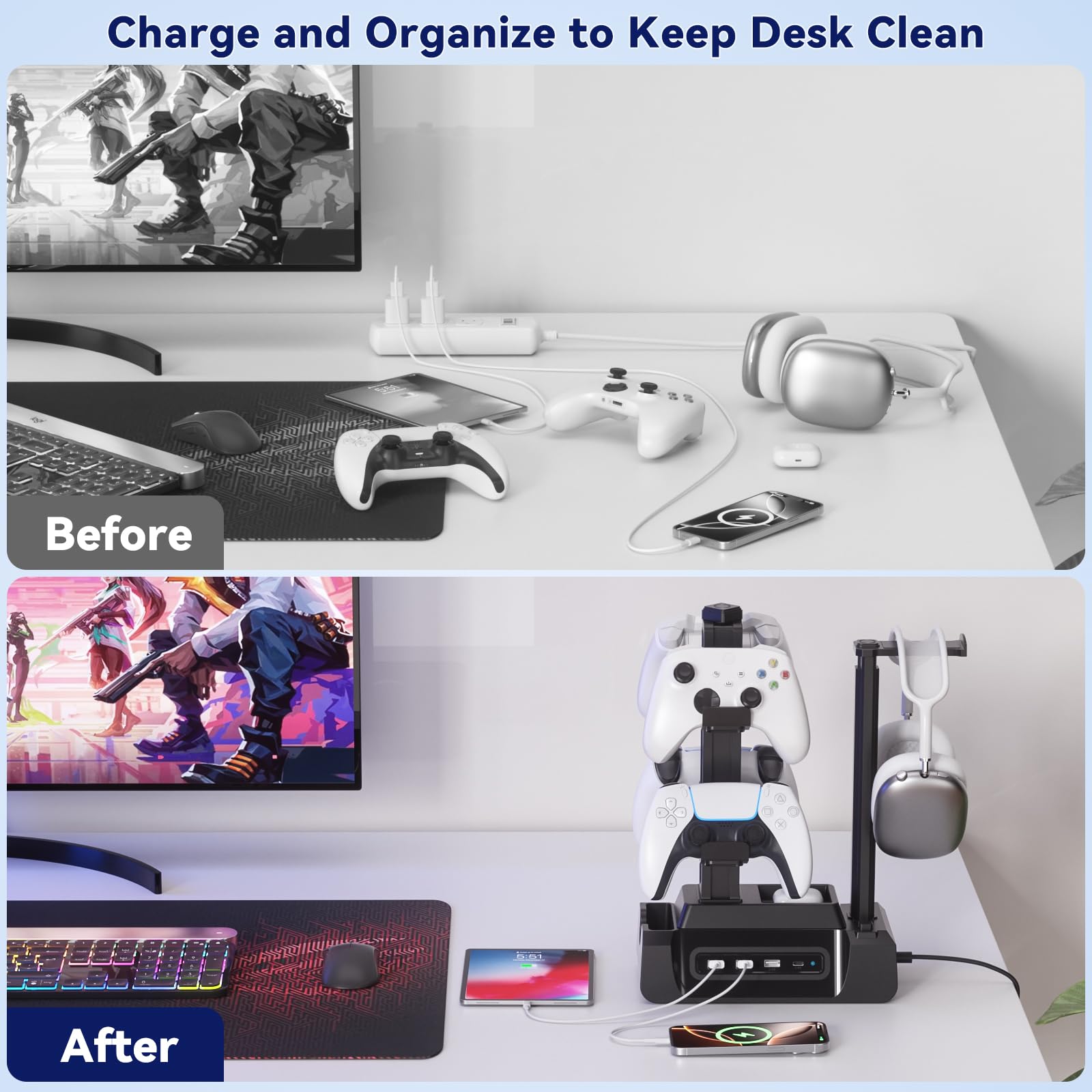 KDD Gaming Kopfhörer Ständer mit USB A Typ-C Ladegeräten, Headset Halterung Controller Halter mit Ladestation, Geräteschlitz für Handy Tablet, Kopfhörer für PC Gaming Zubehör