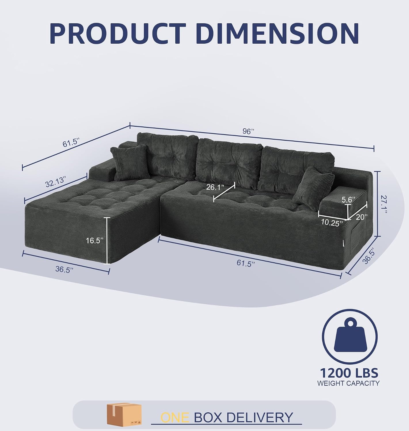 Hobestluk Modular Sectional Sofa Couches L-Shape Couch 3 Seat Modular Sofa Memory Foam Sectional Couches for Living Room, Cloud Couch with Oversized Chaise (Charcoal Corduroy, 96", Left Hand Facing) thumbnail