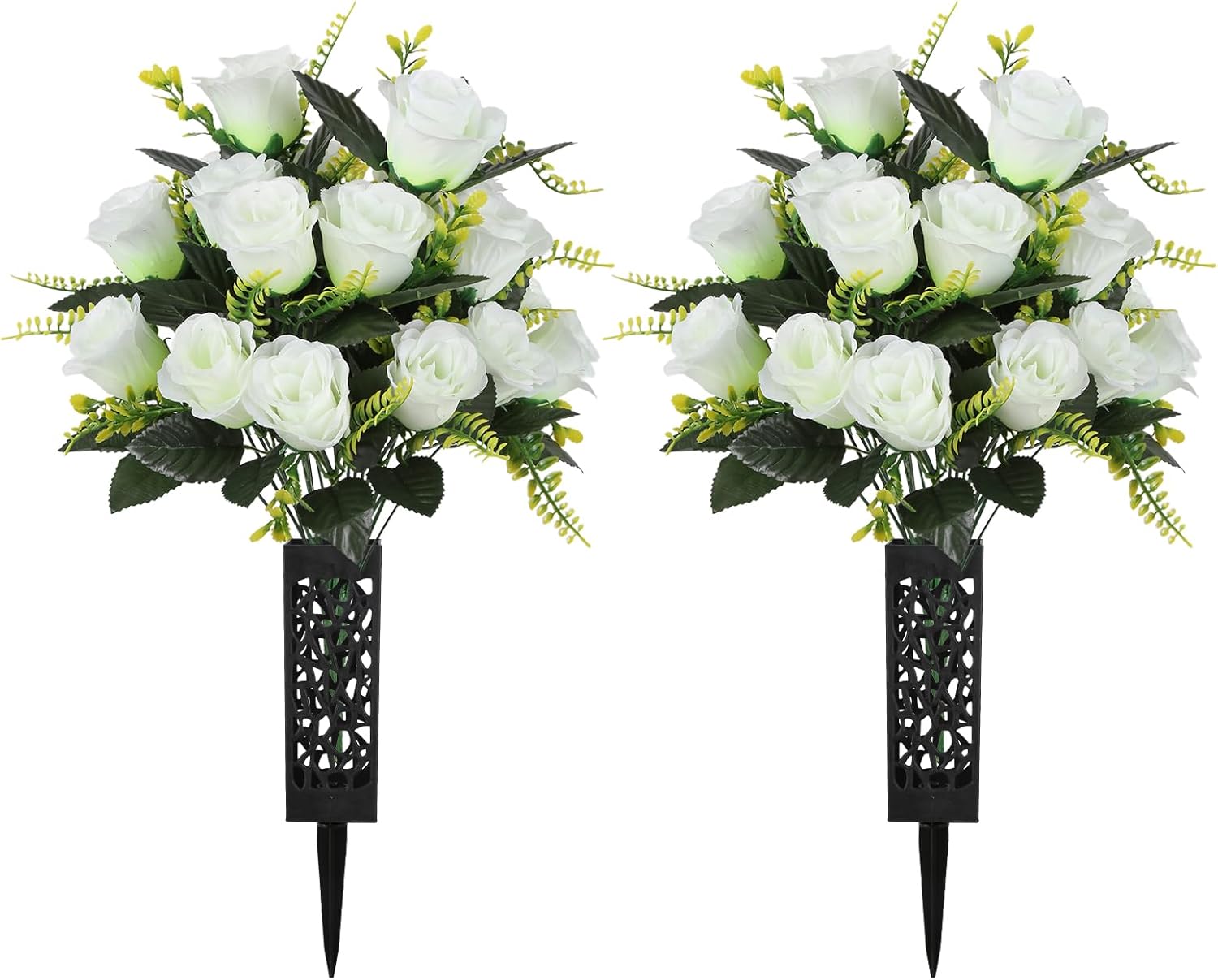 4 Bouquets White Artificial Cemetery Flowers with 2 Vase, Fake Rose Grave Flower for Cemetery Headstones Memorial Outdoor Decorations(White