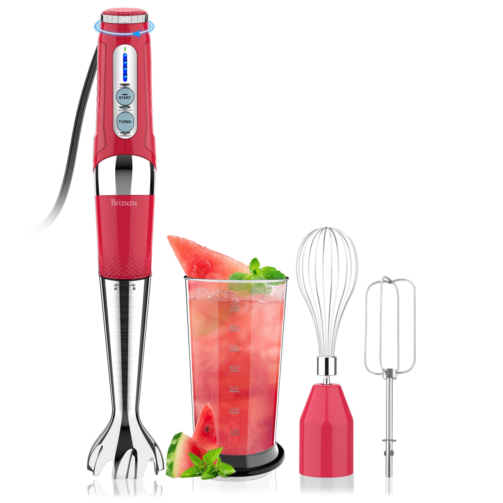 Photo 1 of 3-in-1 Immersion Hand Blender: 3-Angle Adjustable with Variable 21-Speed Control, Powerful Hand Blender Electric for Milkshakes | Smoothies | Soup| Puree | Baby Food (Red) Corded 3-in-1 Red