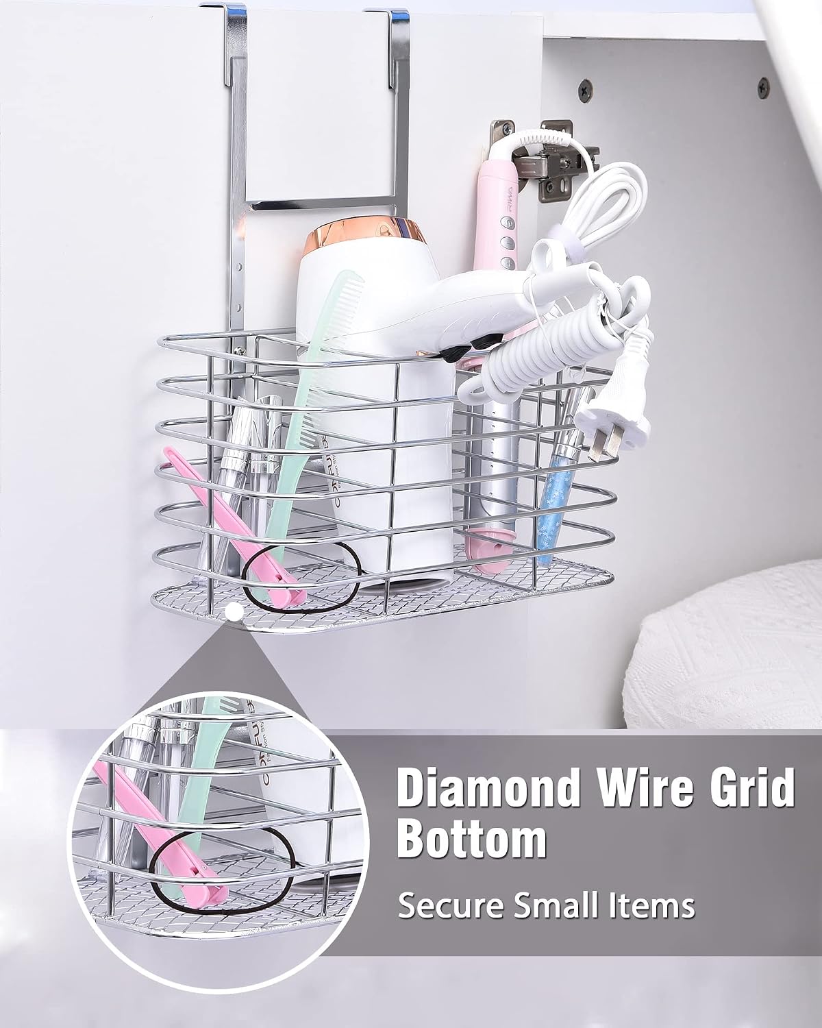 Hair Dryer Holder, ULG Hair Tool Organizer, 6 Adjustable Height, Wall Mounted/Cabinet Door, Bathroom Organizer Under Sink for Hair Dryer, Flat Irons, Curling Wands, Hair Straighteners, 3 Sections