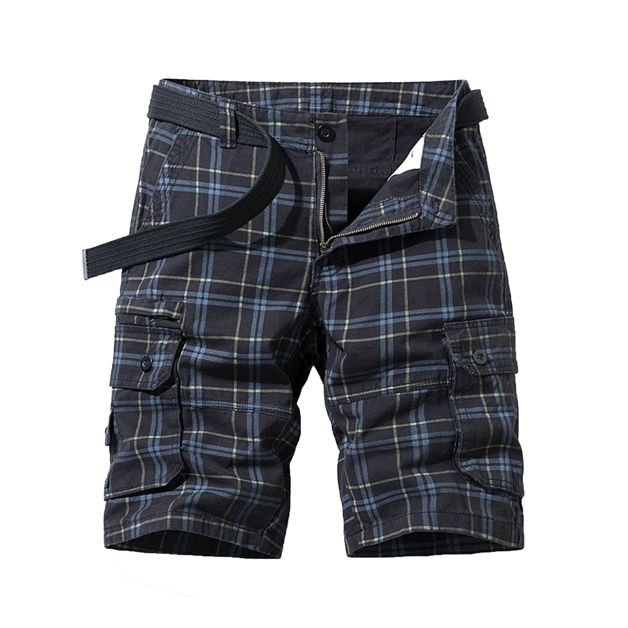 Men's Plaid Cargo Shorts Button Cool Multi-Pocket Straight Fast Dry Expandable Casual Fashion Outdoor Shorts (Dark Grey,29)