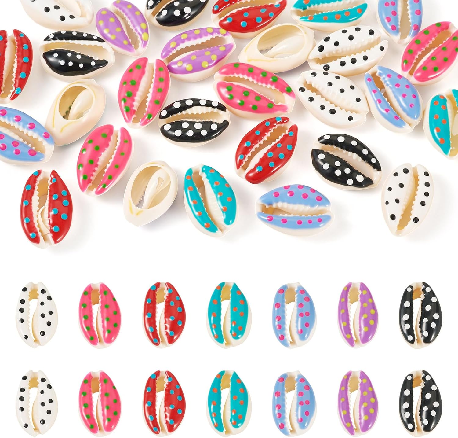 Cheriswelry 100pcs Printed Cowrie Shell Beads Undrilled Colorful Evil Eye Seashells Beach Beads Smooth Cut Oval Shell Beads Charms 20~25mm for DIY Craft Earring Bracelet Necklace Jewelry Making