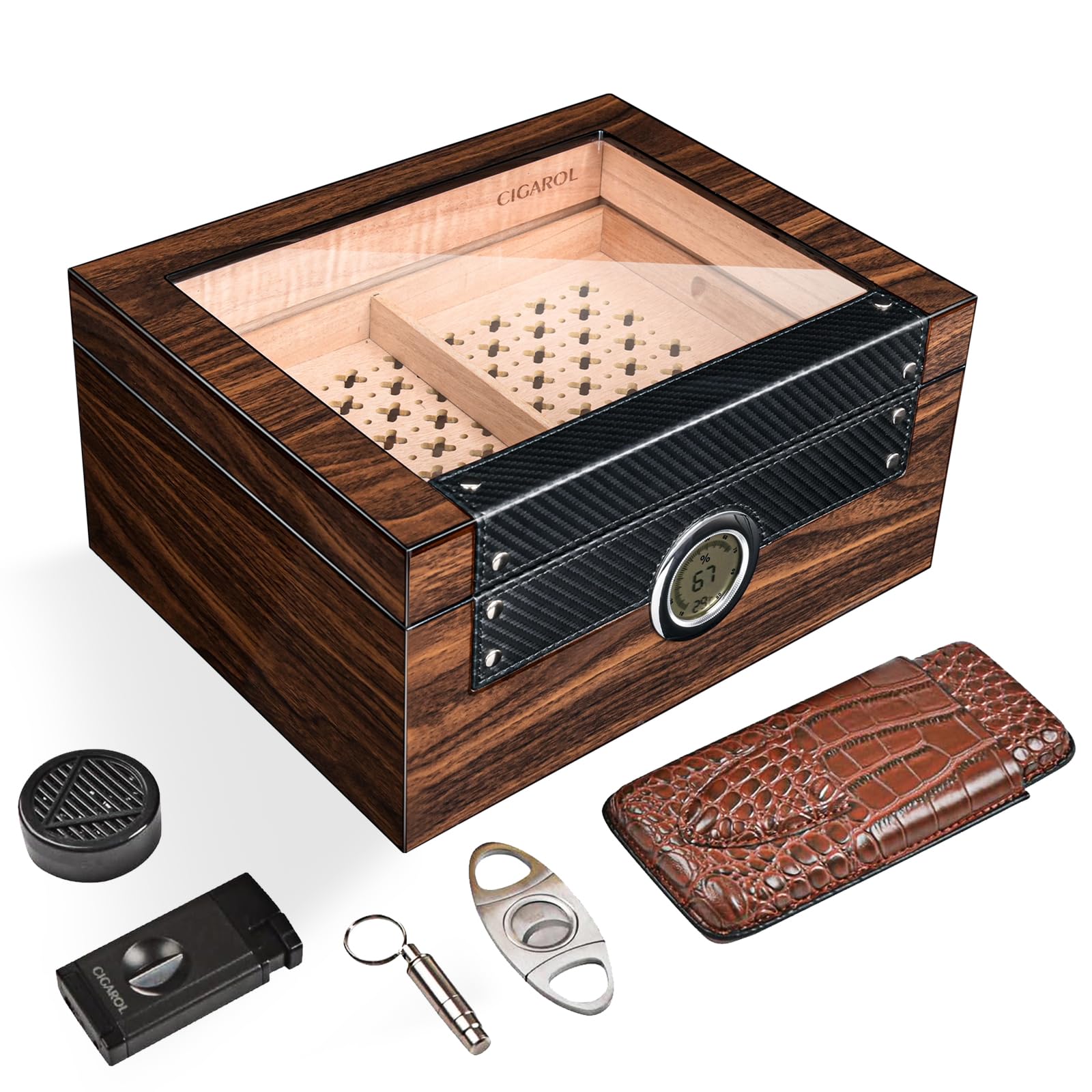 Boîte a Cigare de Luxe, Cave à Cigare en Cèdre Espagnol Capacité 70 Cigare Cubain, Humidor Cigares avec Hygromètre, Humidificateur Cigares, Plateau détachable, Superbe Cadeau pour Hommes