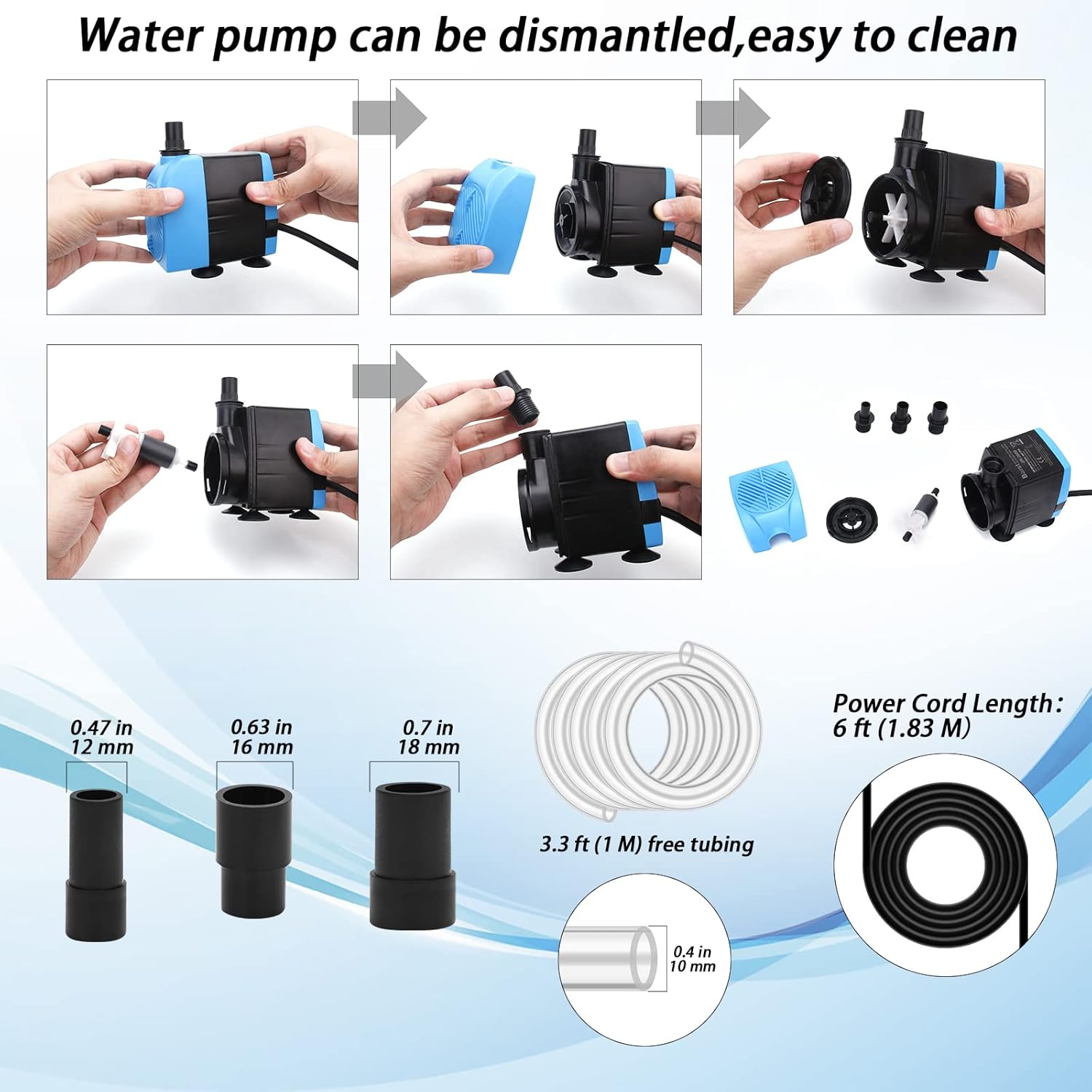 HUWLUIWA 200GPH Submersible Water Pump with 3.3 ft Tube,12W Mini Ultra Quiet Fountain Water Pump with 3 Nozzles for Aquariums, Pond, Fish Tank, Water Feature : Pet Supplies