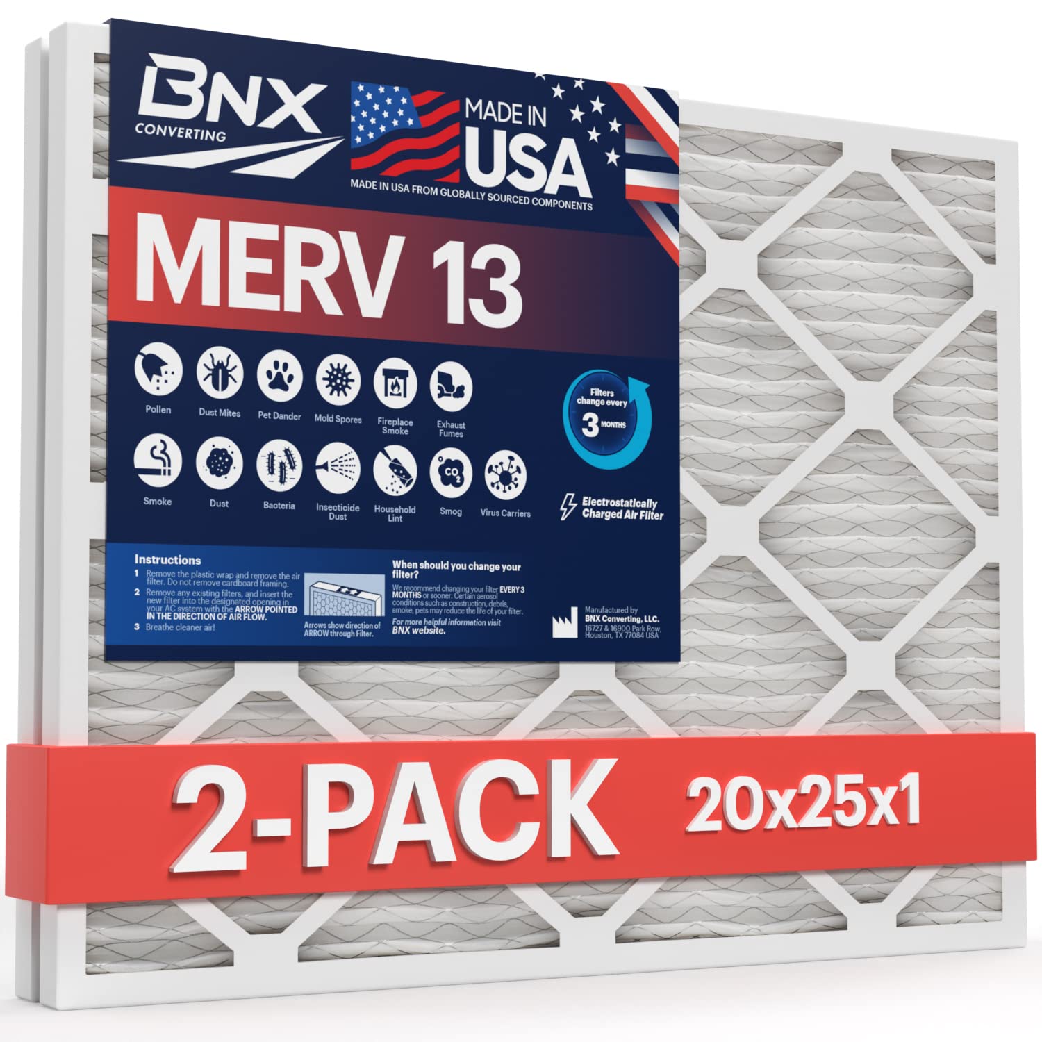 BNX TruFilter 20x25x1 MERV 13 (2-Pack) AC Furnace Air Filter - MADE IN USA - Electrostatic Pleated Air Conditioner HVAC AC Furnace Filters - Removes Pollen, Mold, Bacteria, Smoke
