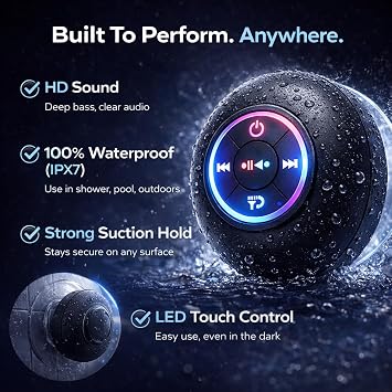 Mini Waterproof Speaker LED Portable Connect With BLUETOOTH Touch Control Suction Mount Base, Compatible With Phones and Tablets, Black Speakers Audio Studio Listening In Shower, Bathroom