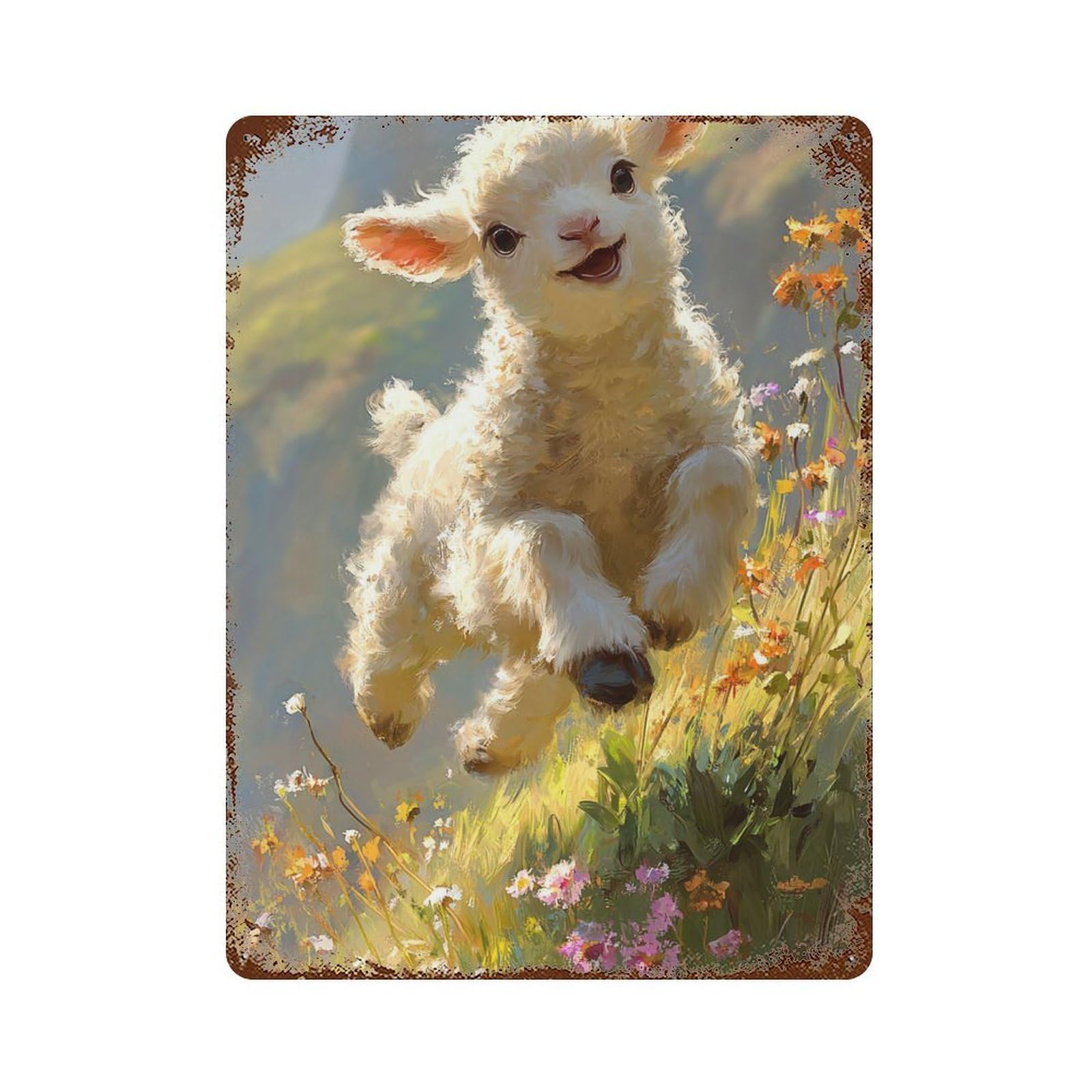 Happy Lamb in Flowers Rust Effect Tin Sign 15.7"x11.8", Industrial Home Decor for Basement, Hobby Room And Garage Decor