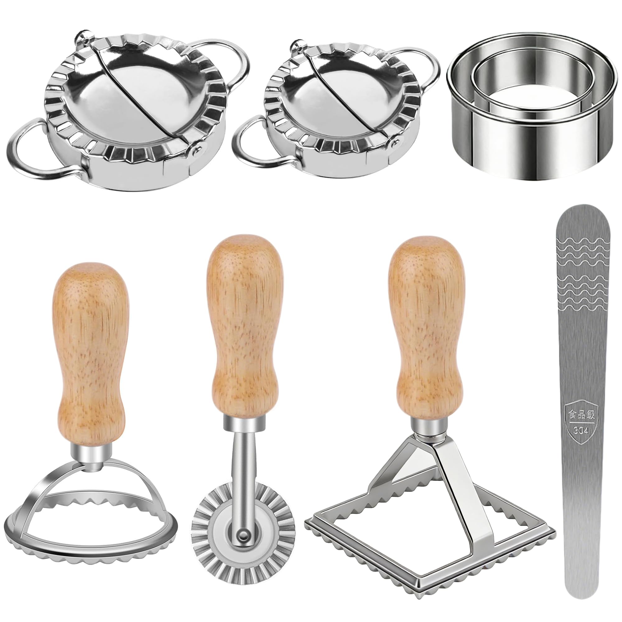 8 Stück Ravioli Former Set, Edelstahl Dumpling, Mit Ravioli Maker Ausstecher und Teigrädchen Teigtaschenrad Former für Ravioli Knödel Werkzeug Keks, Kitchen Attachmen