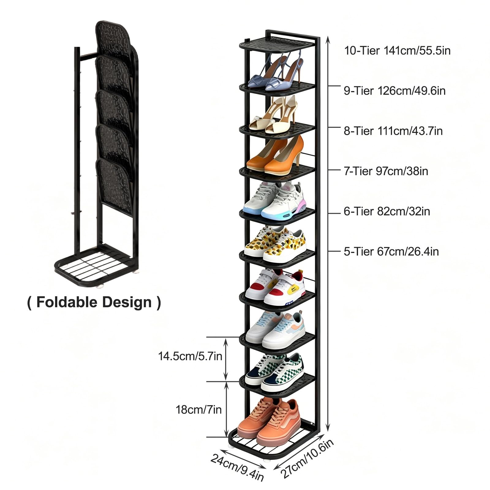 PAKMEZ Scarpiera Pieghevole in Metallo a 5/6/7/8/9/10Ripiani, Porta Scarpe Salvaspazio per Ingresso, Camera da Letto e Cabina Armadio, Organizzatore Verticale(White,82cm/32in)