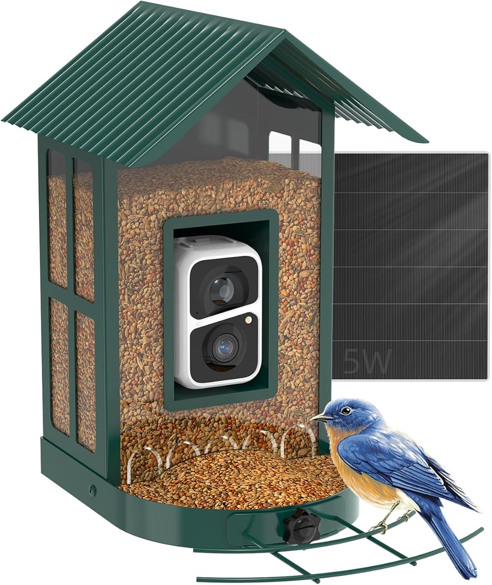Soliom- Bird Feeder with Camera, 5W Solar Powered, AI Identify Species, Smart Wild Bird Watching, 2K Live View, Instant Arrival Alerts,Large 2.7L Seed Capacity, Metal Squirrel Chew-Proof - BF08 Green